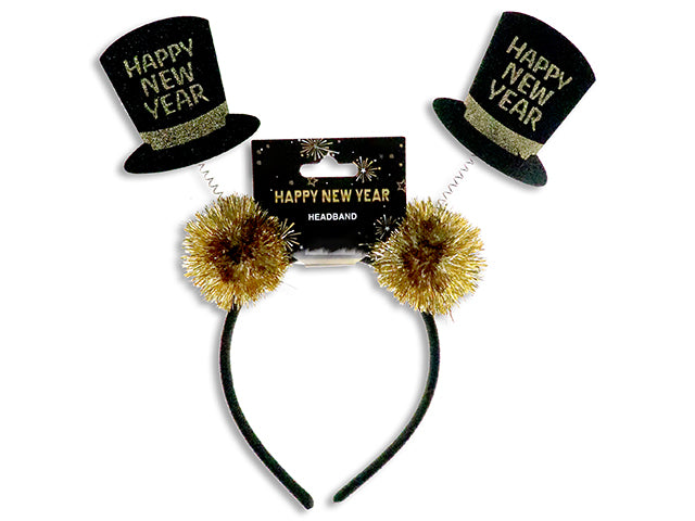 Happy New Year Glitter Top Hat Headband With Tinsel Pom Pom