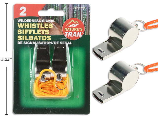 2pk Silver Wilderness Signal Whistles w/Lanyards. Plastic Bead. Double Blister.