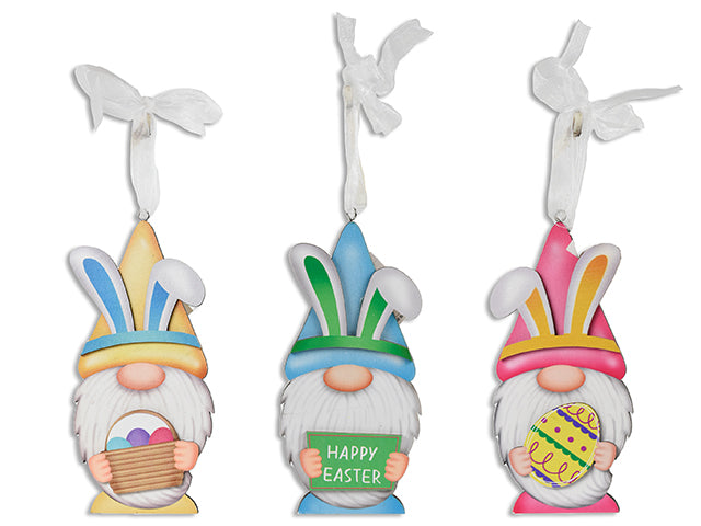 6in x 2-7/8in Easter Gnome Hanging MDF Decor. 3 Asst. Organza Ribbon Hanger. Cht.