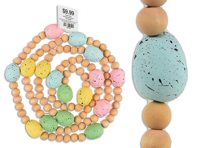72in Easter Wooden Beads w/Foam Speckled Eggs Garland. Incl:90pcs Beads+16pcs Eggs. Wrap Header.