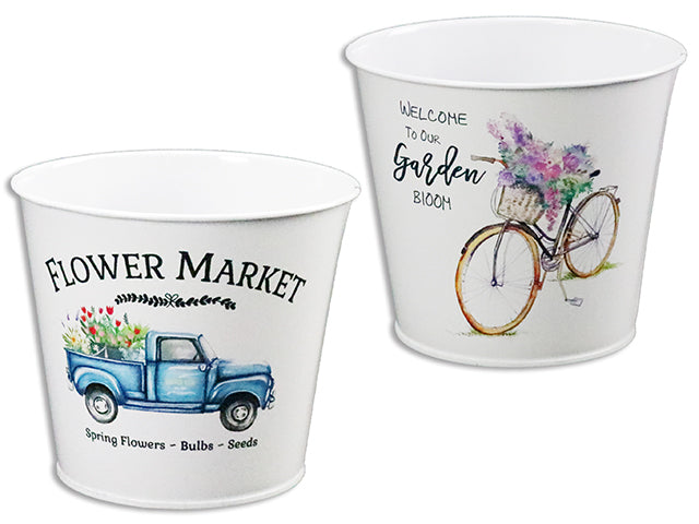 White Flower Market Round Metal Bucket