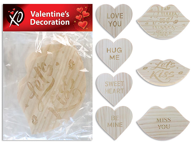 5in V'tine Engraved Die-Cut Lips /Heart Wooden Decoration. 8 Asst.Styles. Pbh.