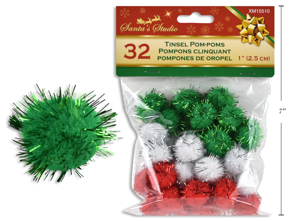 Christmas Craft Tinsel Pom Poms 32 Pack