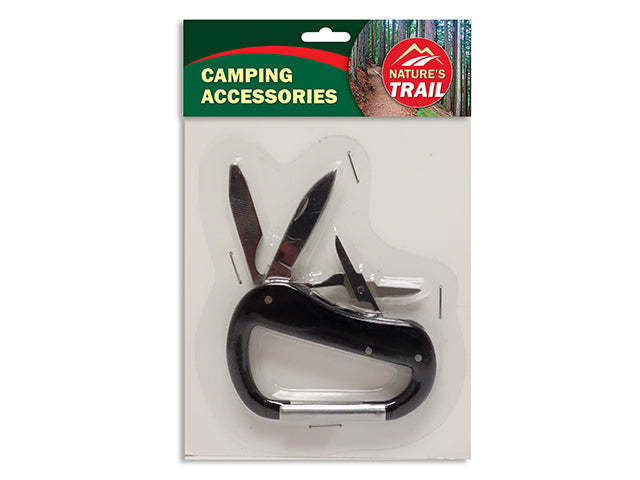 4-in-1 Stainless Steel Carabiner Tool Set. b-c. Knife- Scissors- Bottle Opener- File.