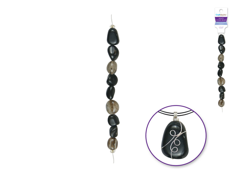 Agate Stone Beads: 5" Stranded D) Ebony