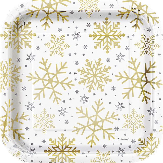 Silver And Gold Snowflakes Square Foil Plates Large