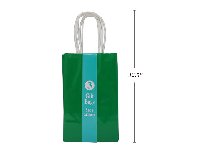 3Pk Glossy Solid Col. Junior Tote Bag W- Twisted White Paper Handle-Forest Green. Paperband