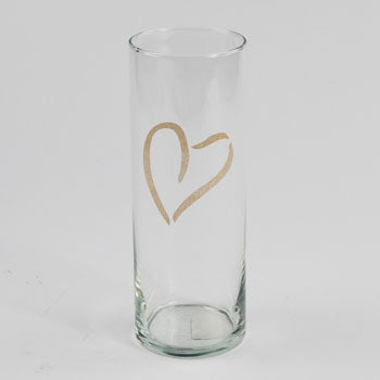 Vase 9.5In Cylinder Gold Heart Glass Clear