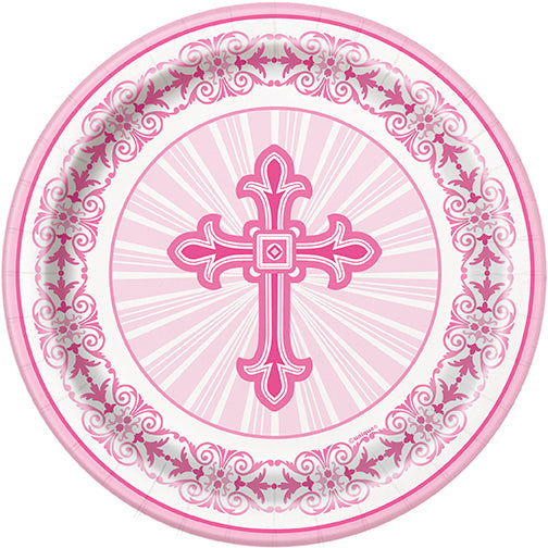 8 Pink Cross Baptism 7" Plates