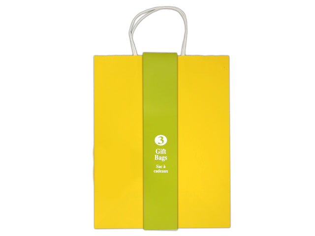 3Pk Large Solid Colour Kraft Paper Bag - Yellow W- White Paper Twisted Handle. Paper Band