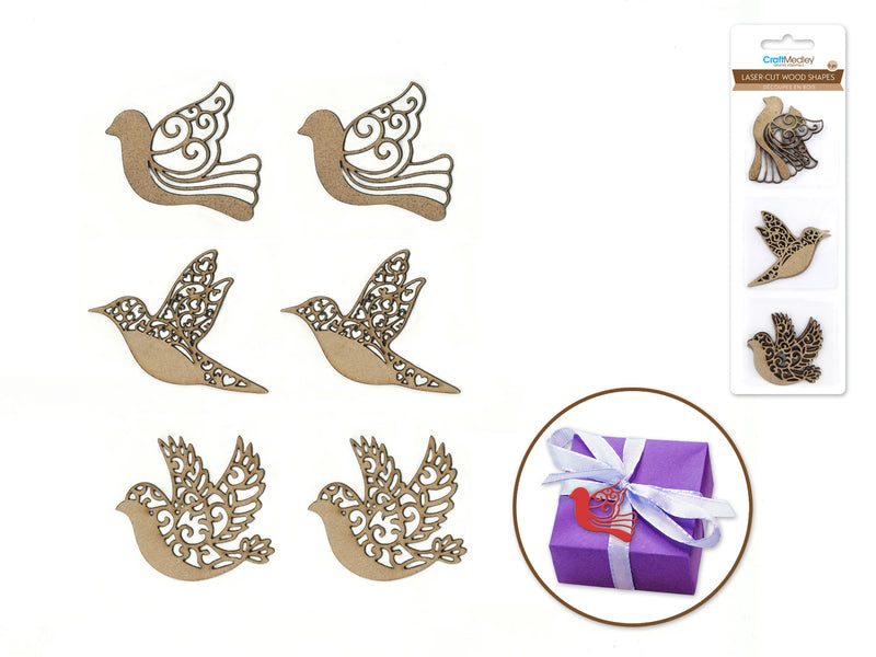 Wood Craft: 1.5"-2" Laser-Cut Ornate Wood Shapes 6Pc 2Mm Thick (Birdie)