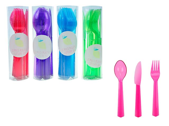 12pk Crystal Cutlery Set in PVC Tube. 4 Asst.: Pink- Blue- Purple- Green. Col Label.