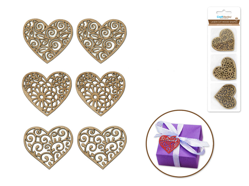 Wood Craft: 1.5"-2" Laser-Cut Ornate Wood Shapes 6Pc 2Mm Thick (Heart)