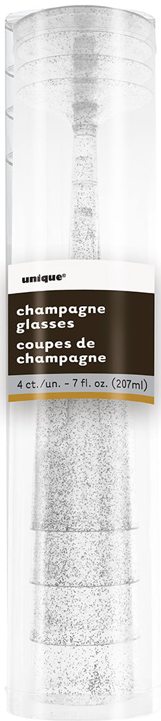 Silver Glitter Plastic Champagne Flutes