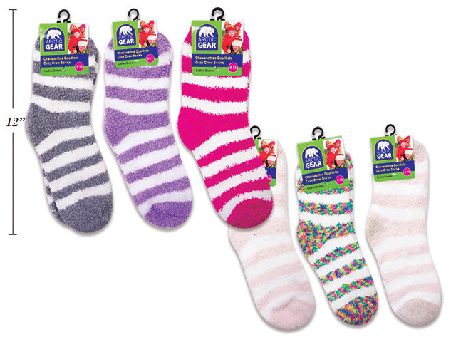 Ladies 2-tone + Solid Col.Cozy Crew Socks w/ Bow. 12 Asst.Colors. J-H......