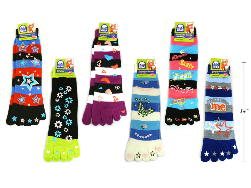 13In Ladies Hot Stamp Printed Toe Socks. 6 Asst.Styles. Size: 9-13. J-Hook W-Header