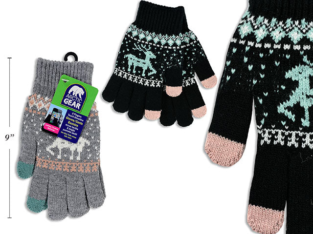 8.25in Ladies Insulated 2-Fingers Reindeer Knit Touch Screen Gloves. 2Cols. One Size. J-hook w/Cht