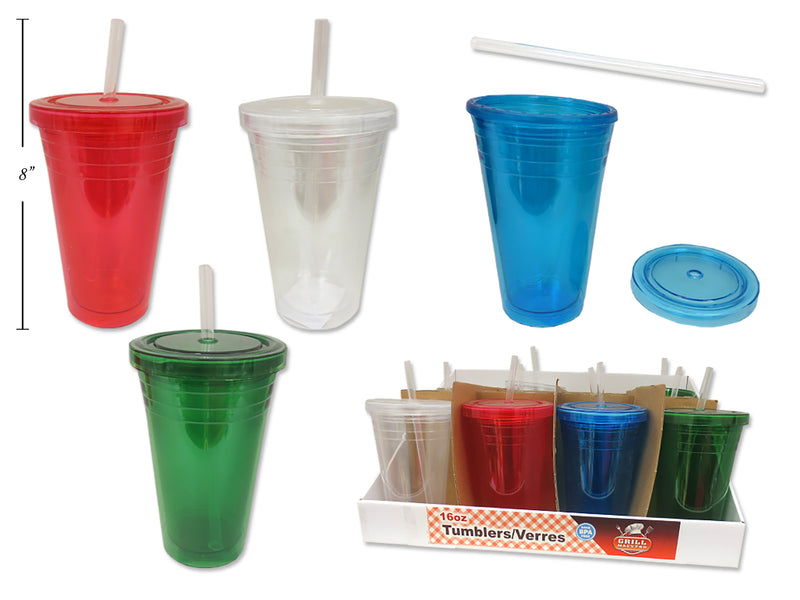 16Oz Double Wall Translucent Tumbler W-Straw 4 Asst Colours.