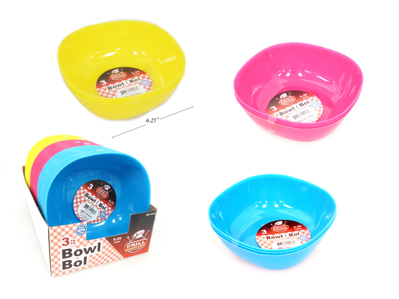 3Pk 6.25In Square Bowl In Dsp 3 Asst.Colours: Baby Blue-Yellow-Fuschia.