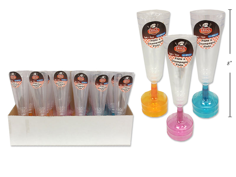 3Pk 5Oz Disposable Crystal Champagne Flute In Dsp. 3 Cols: Pink-Orange-Blue.