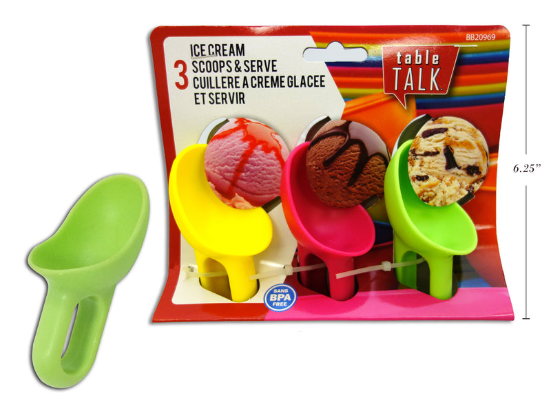 3Pk Ice Cream Scoop &  Serve. 3 Asst.Colours. Sleeve Holder.