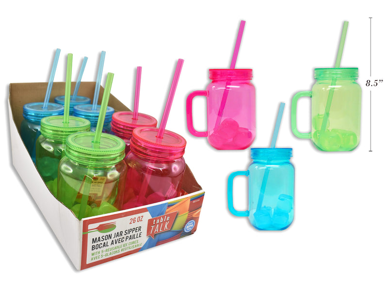 26oz 6.5in Mason Jar Sipper w- 5-Reusable Ice Cubes. 3 Asst Colours: Blue-Green-Pink.