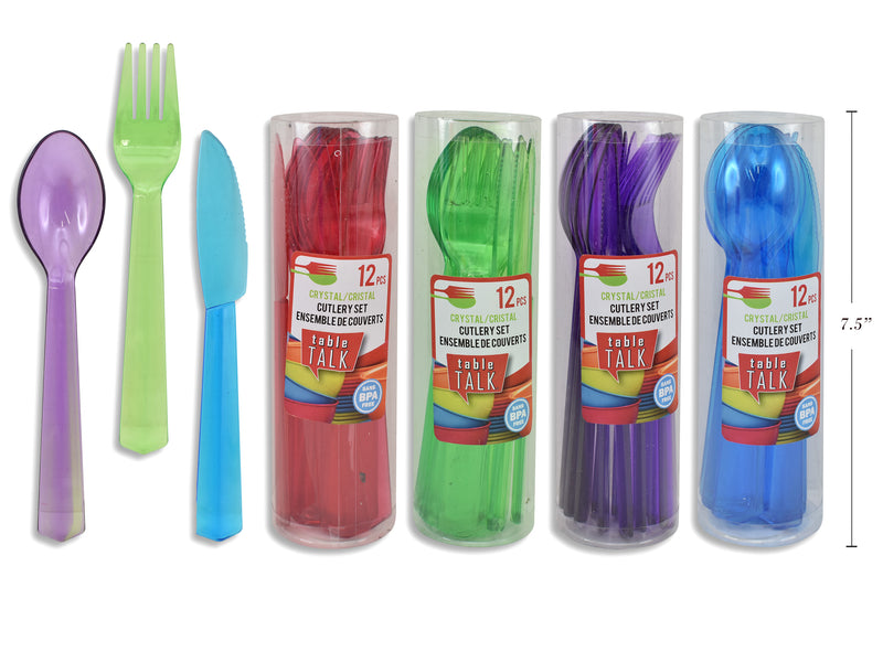 12pk Crystal Cutlery Set in PVC Tube. 4 Asst.: Pink- Blue- Purple- Green. Col Label.