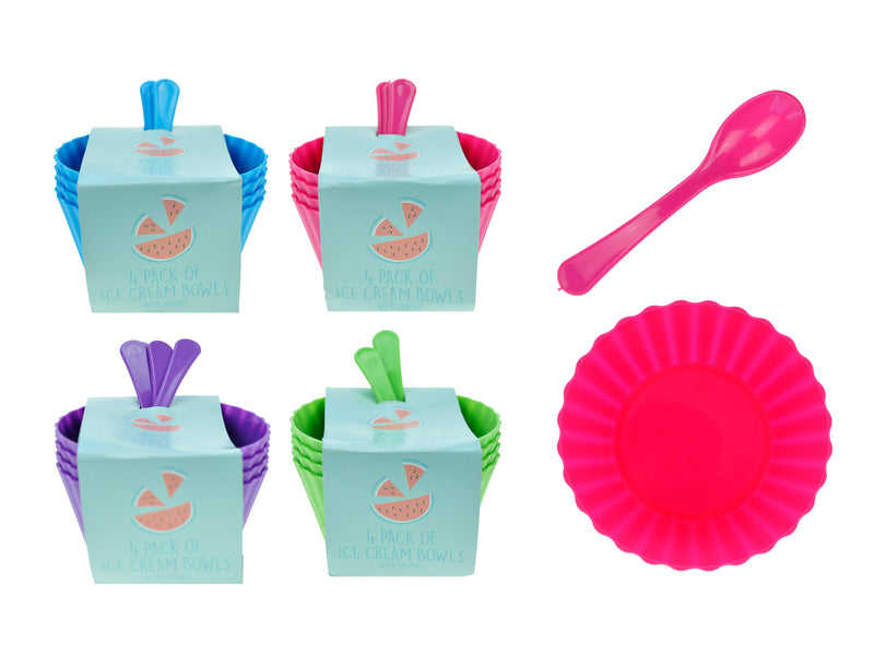 4pk Neon Ice-Cream Bowl w/Spoon. 4 Asst.: Pink/ Blue/ Purple/ green. Col Label.