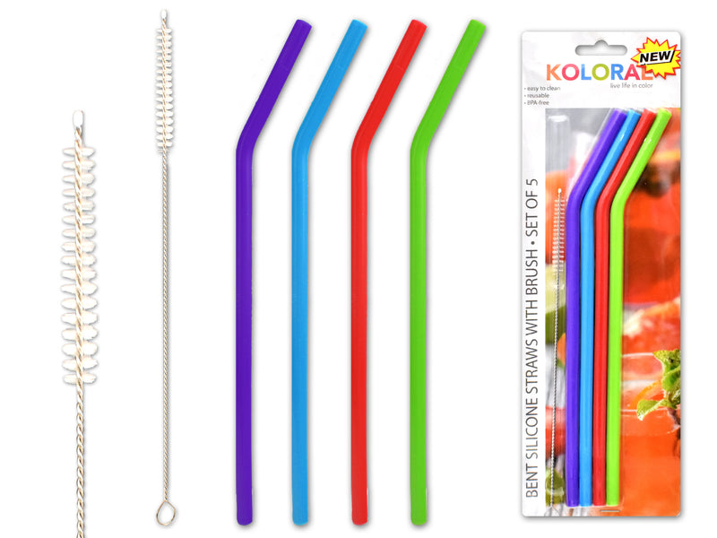 5pk 10in Reusable Silicone Straws Set. Incl: 4-Straws / 1-Pipe Cleaner. Slide Blister.