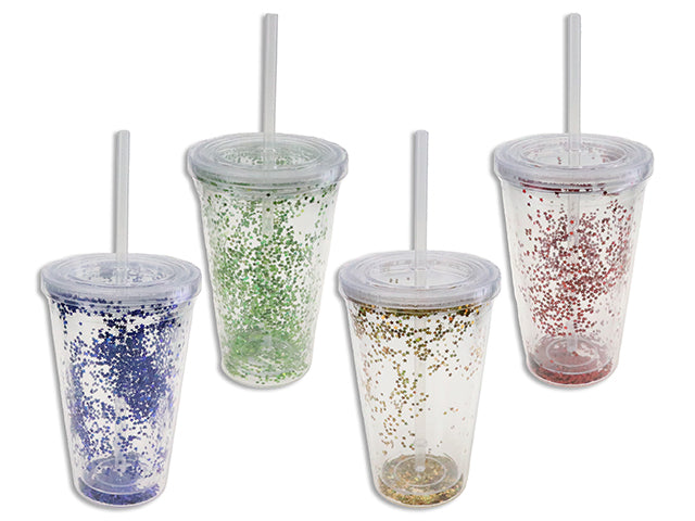 480ml(16.23oz) 6-1/8in(H) Glitter Double Wall Tumbler w/ Straw & Lid. 4 Asst.Colours.