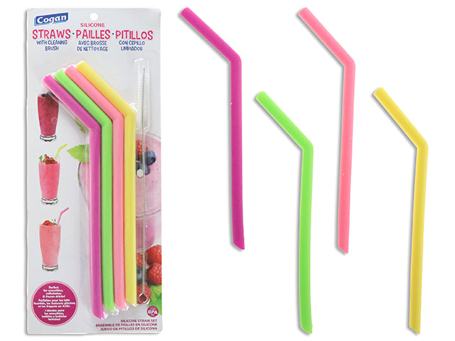 Set/5 9.84In (H) X 12Mm (D) Neon Silicone Frozen/ Smoothie Drink Straw W/Brush. Incl.:4-Starws. B/C.