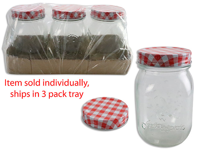 500Ml Glass Mason Jar W/Gingham Metal Lid. 3Pcs / Shrink Wrapped W/Colour Tray. Multi Upc.