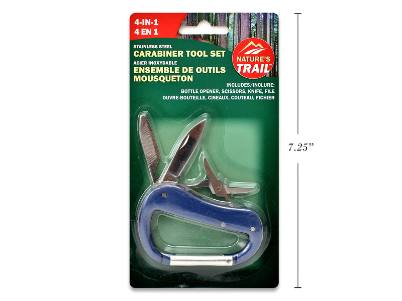 4-in-1 Stainless Steel Carabiner Tool Set. b-c. Knife- Scissors- Bottle Opener- File.