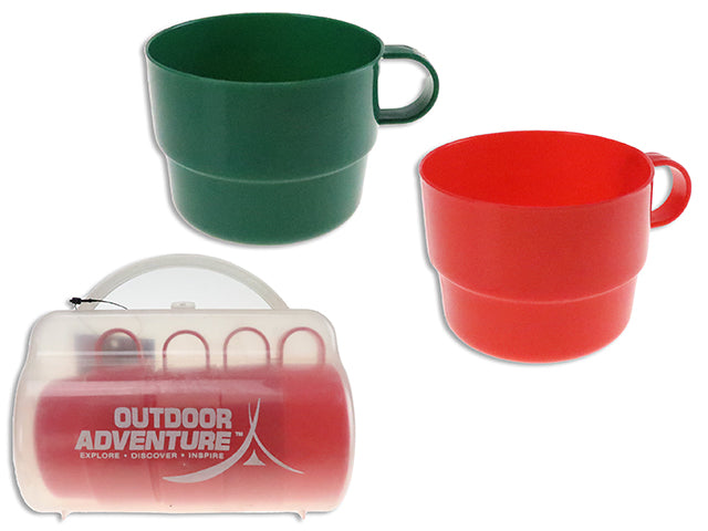 4Pk 250Ml (8Oz) 3.15In Plastic Camping Cups W/ Handle. Carrying Case W/ Handle. 2 Asst. Col. Cht.