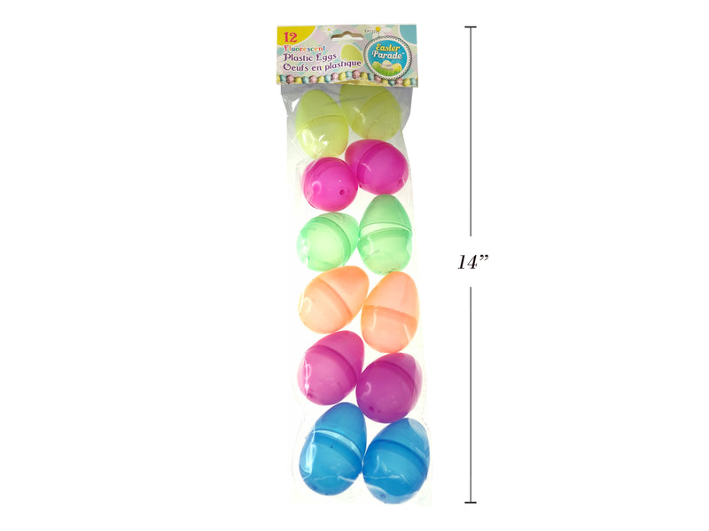 12Pk 2.5In Fluorescent Plastic Filler Eggs. 6 Cols: Green-Orange-Fuchsia-Blue-Yellow-Red. Pbh