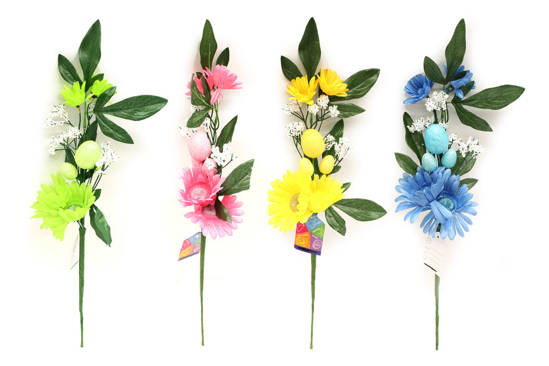 20.5In Long Stem Glitter Stamen Flower W- Glitter Eggs &  Babys Breath. 4 Asst. Col. Hangtag.