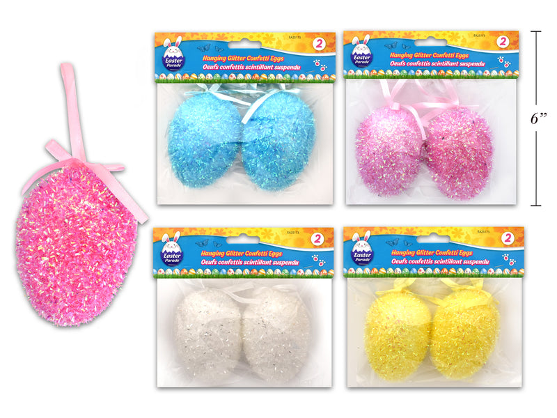 Glitter Confetti Hanging Easter Egg With Ribbon Bow 2 Pack