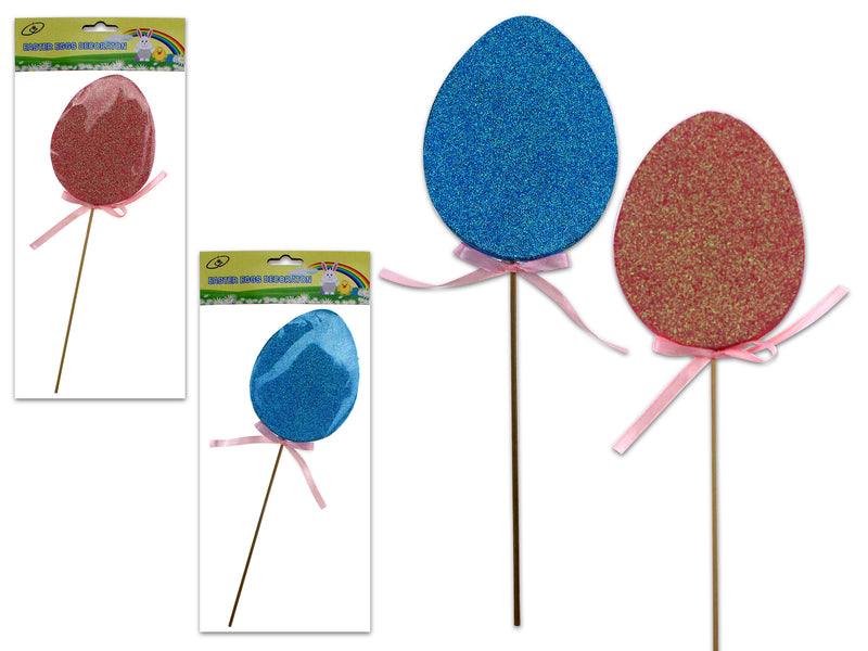 8-5/8In Glitter Foam Easter Egg Pick W/Ribbon.Pbh. 2 Cols: Blue / Pink. Egg Size: 3.5In X 5-1/8In.