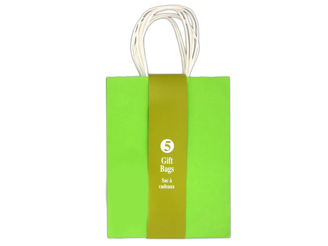 5Pk Medium Solid Colour Kraft Paper Bag - Green W- White Paper Twisted Handle. Paper Band