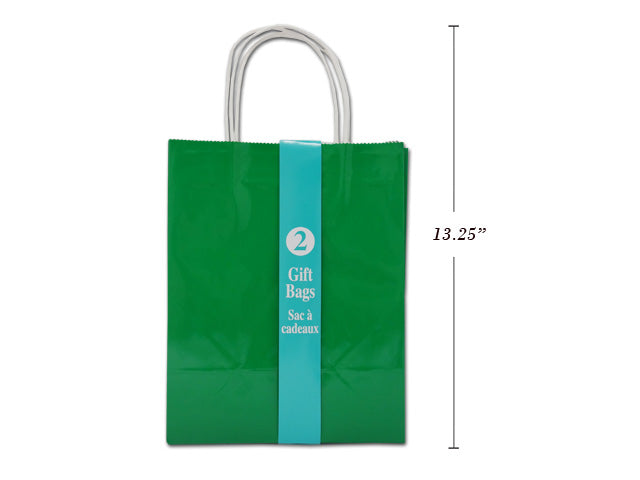 2Pk Glossy Solid Col. Medium Plus Bag W- Twisted White Paper Handle-Forest Green. Paperband