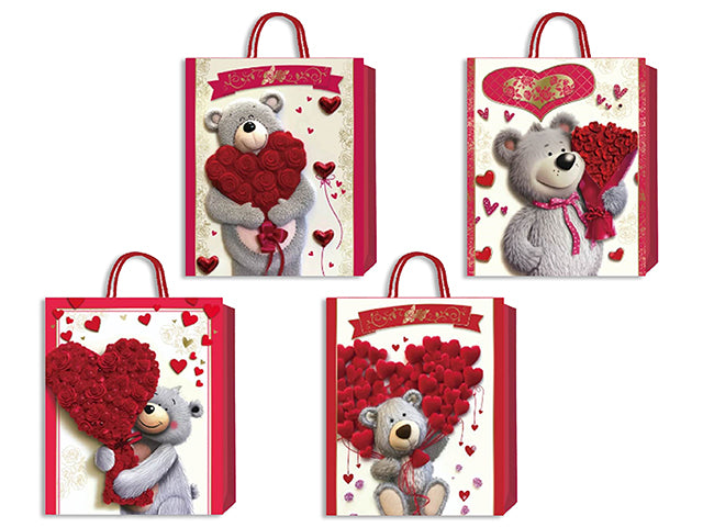 Matte w/Glitter Bear Giftbag - Medium. PP Handle. 4 Asst.Styles. J-hook.