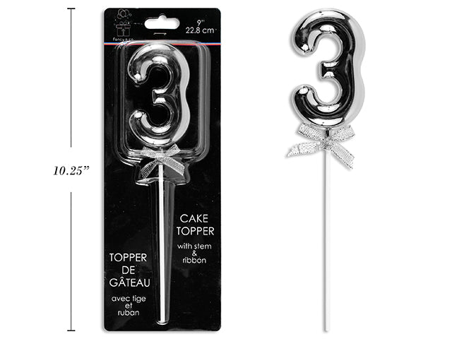 9" Silver Cake Topper With Stem & Ribbon