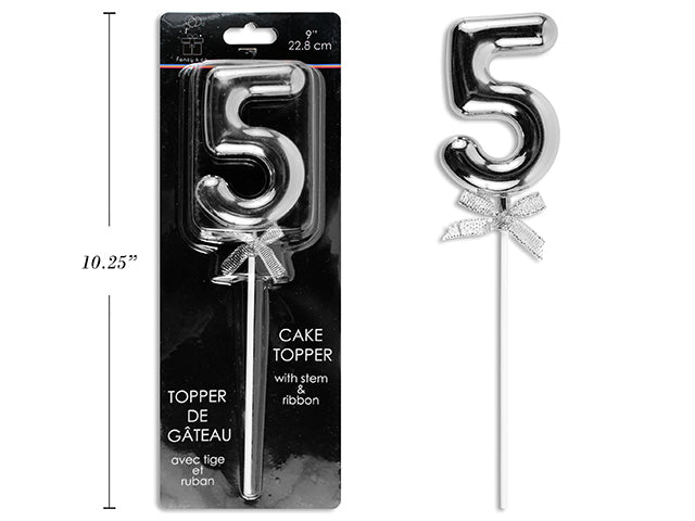 9" Silver Cake Topper With Stem & Ribbon