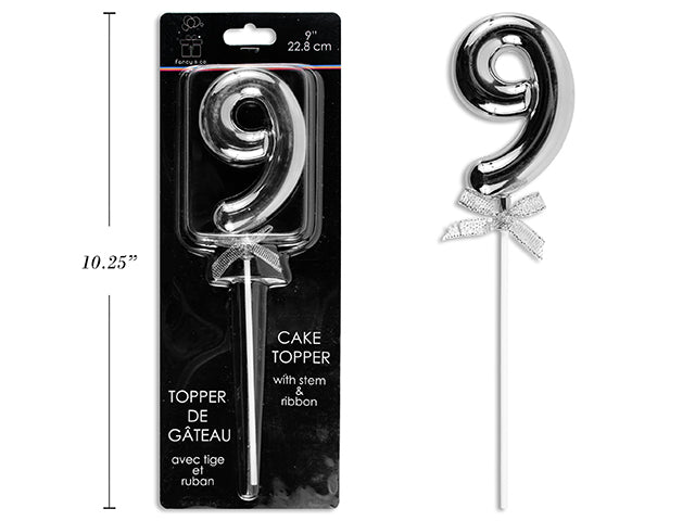 9" Silver Cake Topper With Stem & Ribbon