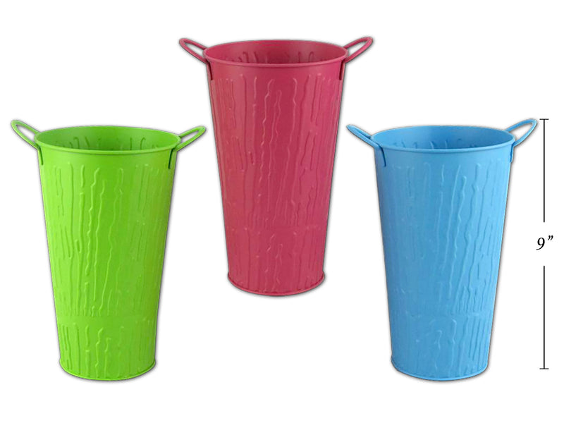 9In Tall Matte Embossed Painted Tin Planter W- Handles. 3 Cols:Lime Green-Baby Blue-Fuchsia.