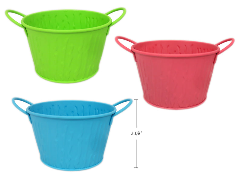 3-1-8In Round Matte Embossed Painted Tin Planter W-Handles. 3 Cols:Lime Green-Baby Blue-Fuchsia.