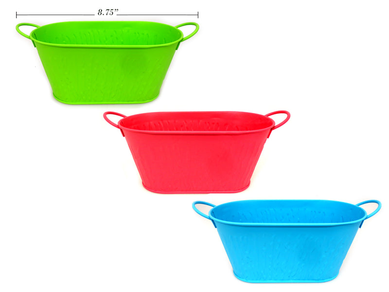 8.75In Oblong Matte Embossed Painted Tin Planter W-Handles. 3 Cols:Lime Green-Baby Blue-Fuchsia.