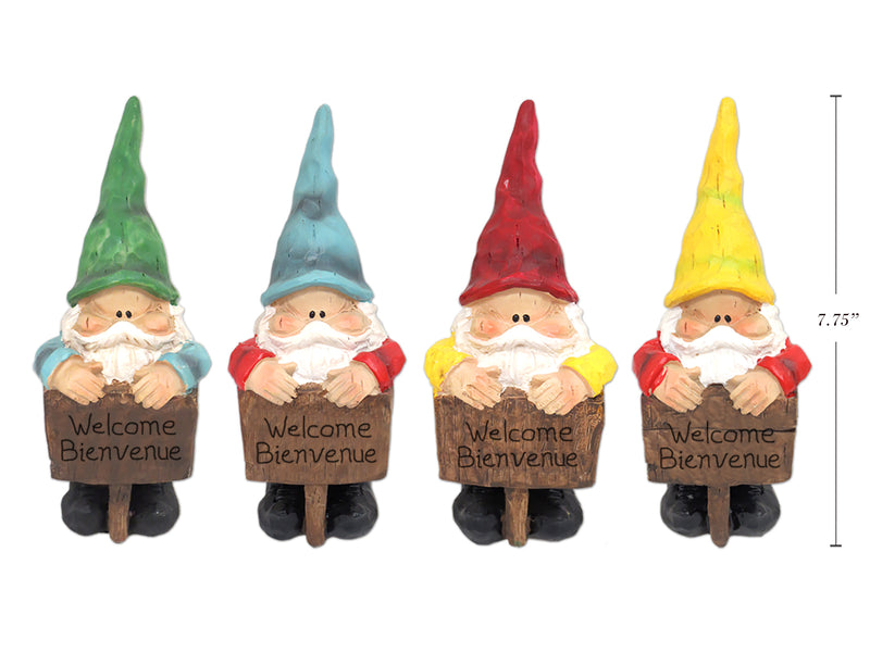 8in Polyresin Garden Gnome w-Welcome Sign. 3in(W). 2 Asst.Colours.Red - Yellow