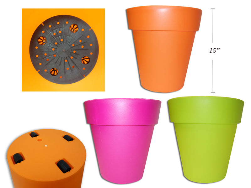 15in Fluorescent Neon Double Wall Round Planter w- Reservoir &  Wheels. 3 Asst.Colours.