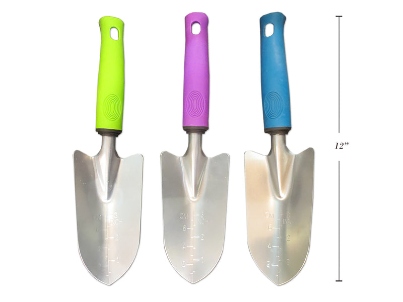 12In Silver Plated Trowel W-Fashion Colour Rubber Grip Handle. 3 Asst.Colours. Hangtag.